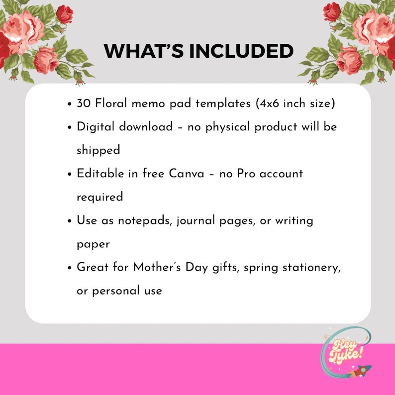 Puede incluir: Gr&aacute;fico de descarga digital con el texto &laquo;QU&Eacute; INCLUYE&raquo; y una lista de 30 plantillas de bloc de notas florales, de 10,16 cm x 15,24 cm. El dise&ntilde;o es editable en Canva y adecuado para blocs de notas, p&aacute;ginas de diario o papel de escritura.