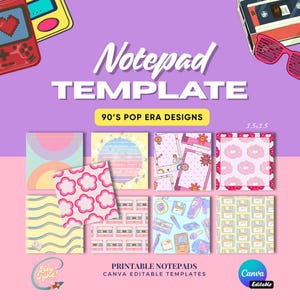 May include: A selection of printable notepad templates with 90's pop era designs. The image showcases diverse colourful designs, including cassette tapes, flowers, and retro electronics. The notepads are 8.89 x 8.89 cm and Canva editable.