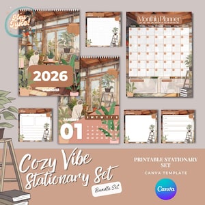 Utskrivbart paket med kontorsmaterial för mysig jordnära älskare | Kalender och månadsplanerare 2026 (redigerbar Canva-mall)