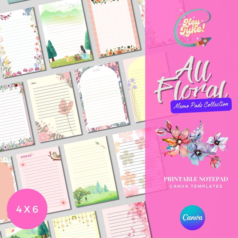 Printable floral memo pads in 4x6 size, perfect for journaling, notes, and planning. This set includes 30 editable Canva notepad templates with cute and colorful spring floral designs—no Pro account needed. Ideal for digital notepad lovers, these printable writing papers are great for spring stationery, gifts for her. Use as floral stationery, journaling paper, or memo pad templates for personal or office use. Aesthetic and practical, these digital downloads add charm to any desk or planner.