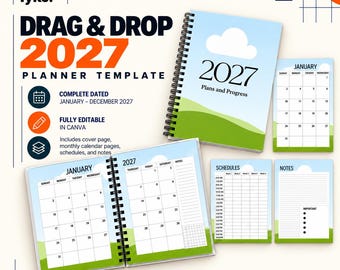 May include: A 2027 planner template featuring a spiral-bound cover with a blue sky, white cloud, and green hill graphic. The set includes monthly calendar pages for January, schedule sheets with hourly time slots, and lined notes pages with bullet points.