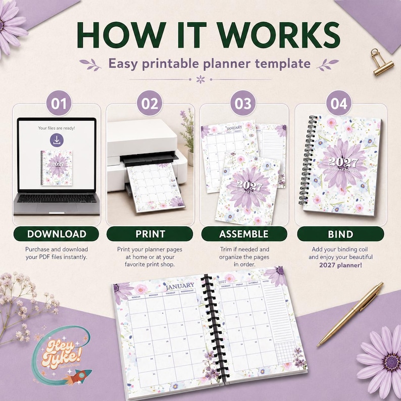 May include: An instructional graphic titled HOW IT WORKS for a printable 2027 planner template. It shows four steps: download a PDF on a laptop, print pages, assemble sheets, and bind with a coil. A sample open planner with floral art is shown.