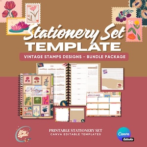 May include: A stationery set template with a vintage stamps design. The set includes a daily planner, weekly planner, and notepads. The text on the image reads "Stationery Set Template" and "Vintage Stamps Designs - Bundle Package."