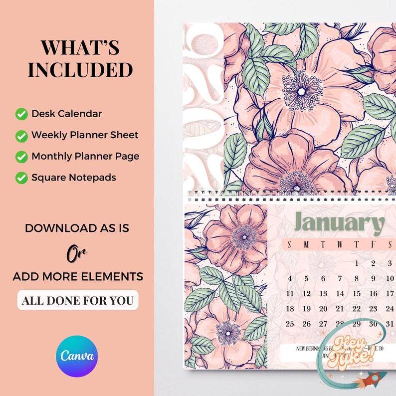 Pink Floral Petal Calendar & Planner Canva Template | | Weekly Monthly ...