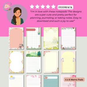 Printable floral memo pads in 4x6 size, perfect for journaling, notes, and planning. This set includes 30 editable Canva notepad templates with cute and colorful spring floral designs—no Pro account needed. Ideal for digital notepad lovers, these printable writing papers are great for spring stationery, gifts for her. Use as floral stationery, journaling paper, or memo pad templates for personal or office use. Aesthetic and practical, these digital downloads add charm to any desk or planner.