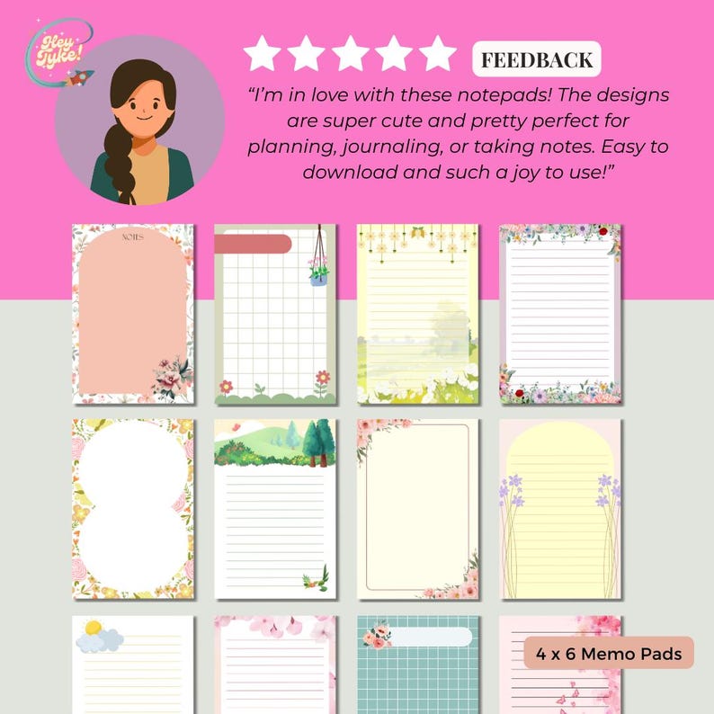 Printable floral memo pads in 4x6 size, perfect for journaling, notes, and planning. This set includes 30 editable Canva notepad templates with cute and colorful spring floral designs—no Pro account needed. Ideal for digital notepad lovers, these printable writing papers are great for spring stationery, gifts for her. Use as floral stationery, journaling paper, or memo pad templates for personal or office use. Aesthetic and practical, these digital downloads add charm to any desk or planner.