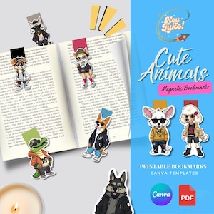 Cute Animal Magnetic Bookmarks Canva Templates and PDF | 8 Printable Aesthetic Bookmark Designs | Cute Bookmarks for Reading and Journaling
