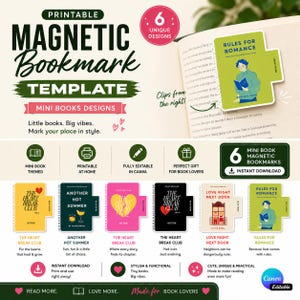 Puede incluir: Plantilla de marcapáginas magnético imprimible con diseños de minilibros. La imagen presenta seis diseños únicos, incluyendo "Rules for Romance" y "The Heart Break Club". Los marcapáginas son totalmente editables en Canva y son regalos perfectos para los amantes de los libros.