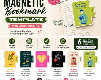 Puede incluir: Plantilla de marcapáginas magnético imprimible con diseños de minilibros. La imagen presenta seis diseños únicos, incluyendo "Rules for Romance" y "The Heart Break Club". Los marcapáginas son totalmente editables en Canva y son regalos perfectos para los amantes de los libros.