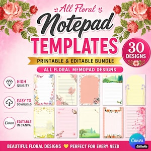 Floral Notepads: 30 Spring Stationery Canva Templates (Digital Download)