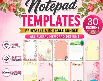 Op de afbeelding: Een promotieafbeelding voor bloemen notitieblok templates. Het ontwerp toont de tekst "All Floral Notepad Templates" met het nummer "30 Designs" in een roze cirkel. De afbeelding bevat voorbeelden van de notitieblokontwerpen en de tekst "Printable & Editable Bundle".