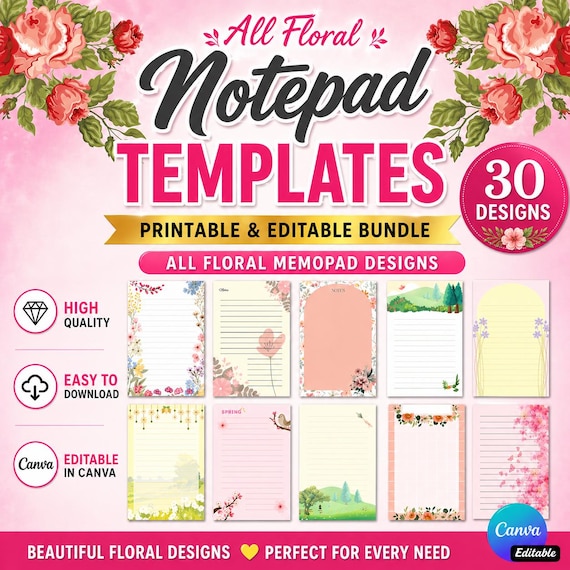 Floral Notepads: 30 Spring Stationery Canva Templates (Digital Download)