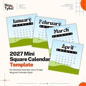 May include: A 2027 mini square calendar template set featuring four individual pages for January, February, March, and April. Each page displays a light blue sky, a white sun, and green rolling hills with black text and a grid for dates.