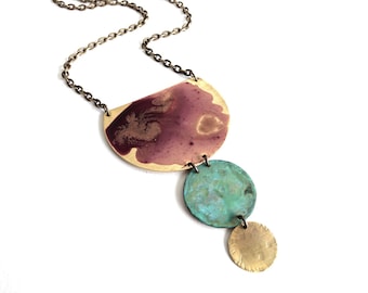 Rosewood, Verdigris & Brass Circle Necklace