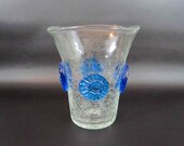 1960 39 s Blenko Vase Crackle Glass w Applied Blue Rosettes. Hand Blown Blenko Art Glass.