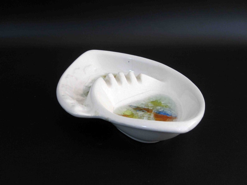 White w Multi Colored Accents. 1950/'s California Pottery Ashtray
