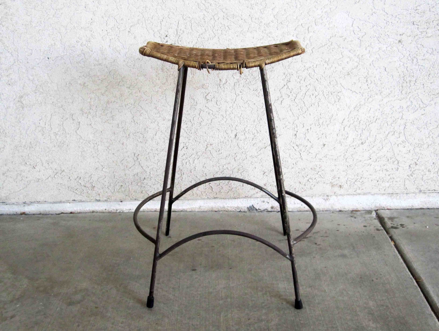 Vintage Arthur Umanoff Wicker Iron Bar Stool Circa 50
