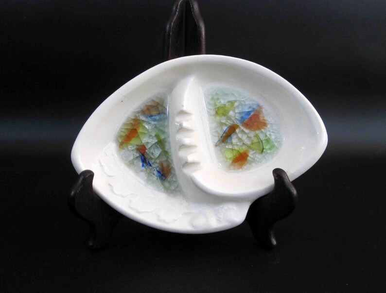 White w Multi Colored Accents. 1950/'s California Pottery Ashtray