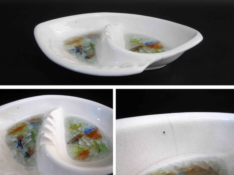 White w Multi Colored Accents. 1950/'s California Pottery Ashtray