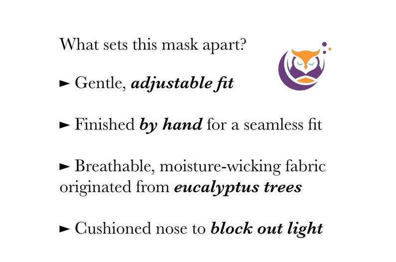 K&ouml;nnte beinhalten: Wei&szlig;er Hintergrund mit Text, der die Eigenschaften einer Maske beschreibt: sanfte, verstellbare Passform, handgefertigt, atmungsaktives Gewebe aus Eukalyptusb&auml;umen und eine gepolsterte Nase. Ein Eulenlogo befindet sich in der oberen rechten Ecke.