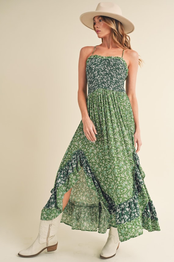 slim fit dress slacks Mallorca Floral Cami Tie Strap Mini Dress in Green – LEXI + LOU main image 1