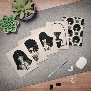 Wenskaarten, zwart vrouwelijk hoofd grafisch ontwerp, set van 5, bedankkaarten en bemoedigingskaarten voor haar, moeder, vriendin, groot haar illustraties