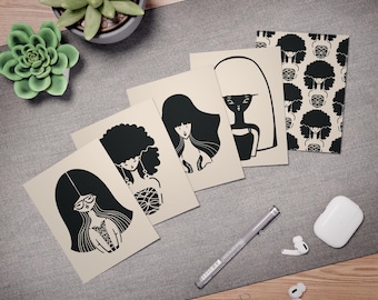 Tarjetas de felicitación con diseño gráfico de cabeza de mujer negra, juego de 5