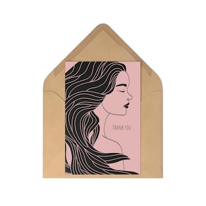 Cartes postales, Illustration graphique de profil de tête de femme, Cartes de remerciement, Ensemble de mots d'encouragement, Cadeau de papeterie, Amies, Mamans, Noir