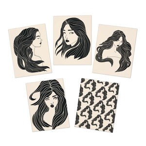Blanko-Grußkarten, Asiatische weibliche Illustrationen, Dankes- und Aufmunterungskarten, Blankokarten 5er-Pack, langes fließendes Haar, beiger Hintergrund