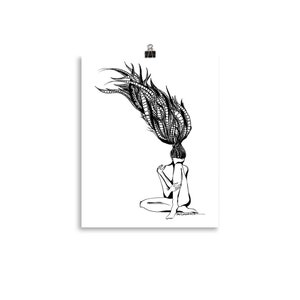 Wall Art Print Poster Self-Love Serenity Modern Black and White Female Sitting Pose Print Yoga Studio Yogis Meditation Peaceful Illustration