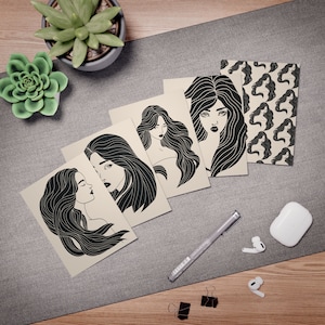 Biglietti d'auguri multi-design (confezione da 5) - Affermazione positiva, illustrazioni grafiche di volti femminili, sentimenti incoraggianti