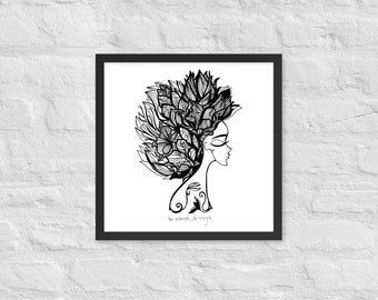 May include: Black and white line art print of a woman's face with a floral design in her hair. The text "The woman Shivaaya" is at the bottom of the print.