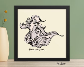 May include: A black and white line drawing of a woman's face with flowing hair. The text "flowing with wind" is below the image. The artist's signature "Paru Paró" is in the bottom right corner.