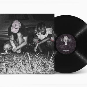 May include: Black and white album cover featuring two people squatting in front of a car. The album cover is next to a black vinyl record. The record label is visible, with the text "My Liver Will Handle What My Heart Can't" and "Suicideboys".