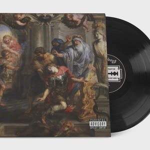 May include: A black vinyl record with a cover featuring a classical painting of a dramatic scene with figures in robes and armor. The record label is visible, with text and a razor blade graphic. The cover has a parental advisory warning.