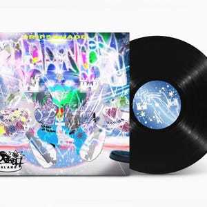 Puede incluir: Un disco de vinilo negro junto a su portada. La portada tiene un diseño abstracto y colorido con el texto "DRIPSQUAD" en la parte superior y "DRIFT ISLAND" en la inferior. La etiqueta del disco presenta un diseño azul con un castillo y estrellas.