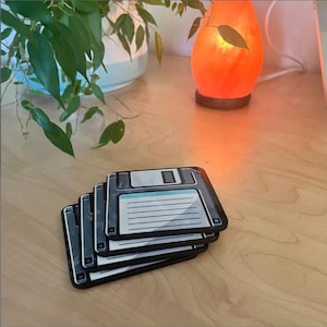Floppy Disk Coaster Set Retro Drink Coasters, Gift for Computer Lover, Nostalgic Beverage Coasters, Office Decor, Gaming Coasters, Cork Back