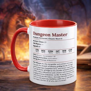 Taza de color de Dungeon Master de D&D, taza de café con bloques de estadísticas, regalo para jugadores de rol