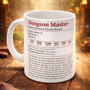 D&D Dungeon Master White Mug, Stat Block Coffee Cup, RPG Gamer Gift