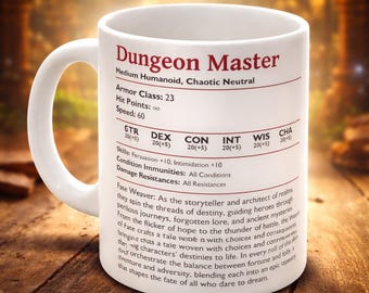 D&D Dungeon Master White Mug, Stat Block Coffee Cup, RPG Gamer Gift
