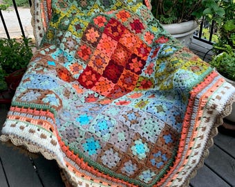 Handmade Crochet Granny Square Afghan 7” Border Lap Blanket, throw, abstract bouquet and earthy blues 56”x56” made by Real USA GRANNY