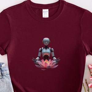Futuristic Meditation Robot Design Cyber Zen Aesthetic Lotus Flower Art T-Shirt Unique Gift Idea