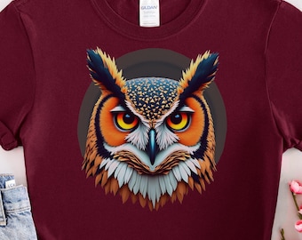 Camiseta con estampado de búho geométrico, diseño de vida salvaje vibrante y atrevido, idea de regalo única