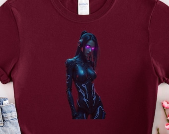 May include: A maroon t-shirt with a graphic print of a woman with glowing purple eyes. The woman is wearing a black, futuristic-looking outfit with blue accents.