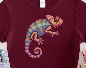 Vibrant Chameleon Art Colorful Reptile Design Boho Dot Painting T-Shirt Unique Nature Fashion