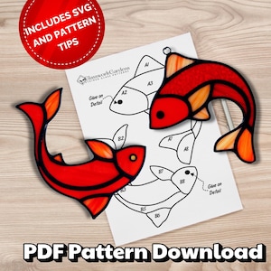 May include: A PDF pattern download for a stained glass project featuring two red fish. The pattern includes instructions to glue on details. The image also includes a text overlay that says "Includes SVG and Pattern Tips".