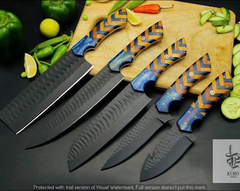 Hand Forged Damascus Chef Set | Damascus Kitchen knives | Damascus Chef Knife Set | Personalized Gift , Gift for Her , Christmas gift.