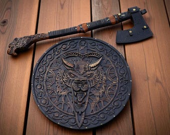 Norse Wolf head Engraved Axe & Shield Set, Hand Forged Carbon Steel Axe, Norsemen Axe with Shield, Custom Made Cosplay Best Gift for Him Her