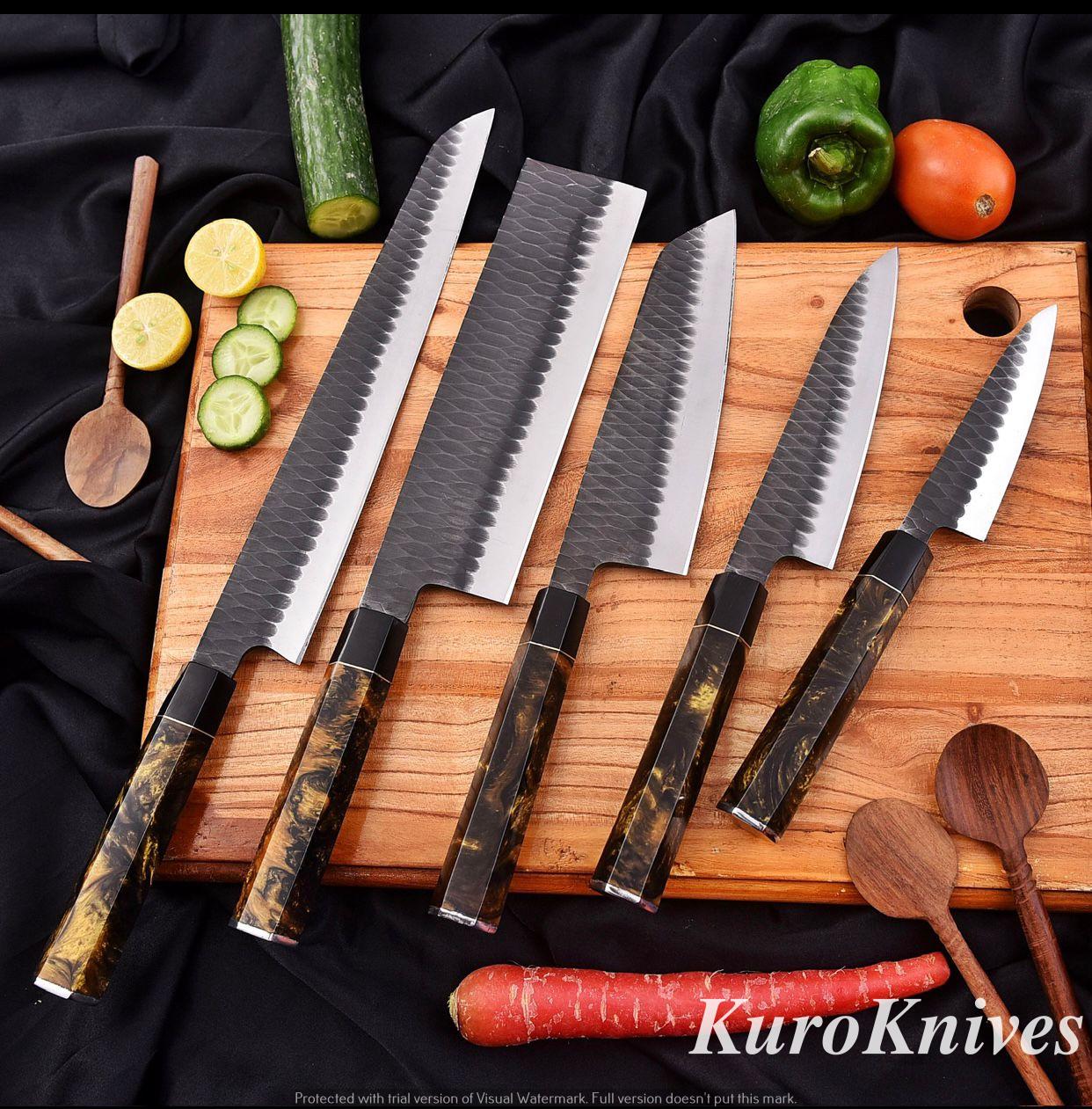 Hand-Forged 5 pcs Carbon Steel Japanese Chef Knives Set, Handmade Japanese Chef Set, Kitchen Knives Set, professional Chef set Gift for chef