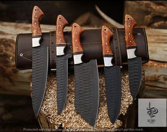 Hand Forged Damascus Chef Set | Damascus Knife Set {Kitchen Knives-5Pcs} Chef Knife | ANNIVERSARY Gift | CHRISTMAS Gift | THANKSGIVING Gift.